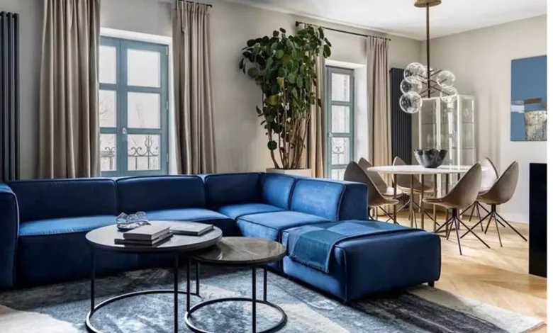 بی نظیرترین دیزاین داخلی اتاق نشیمن با رنگ آبی