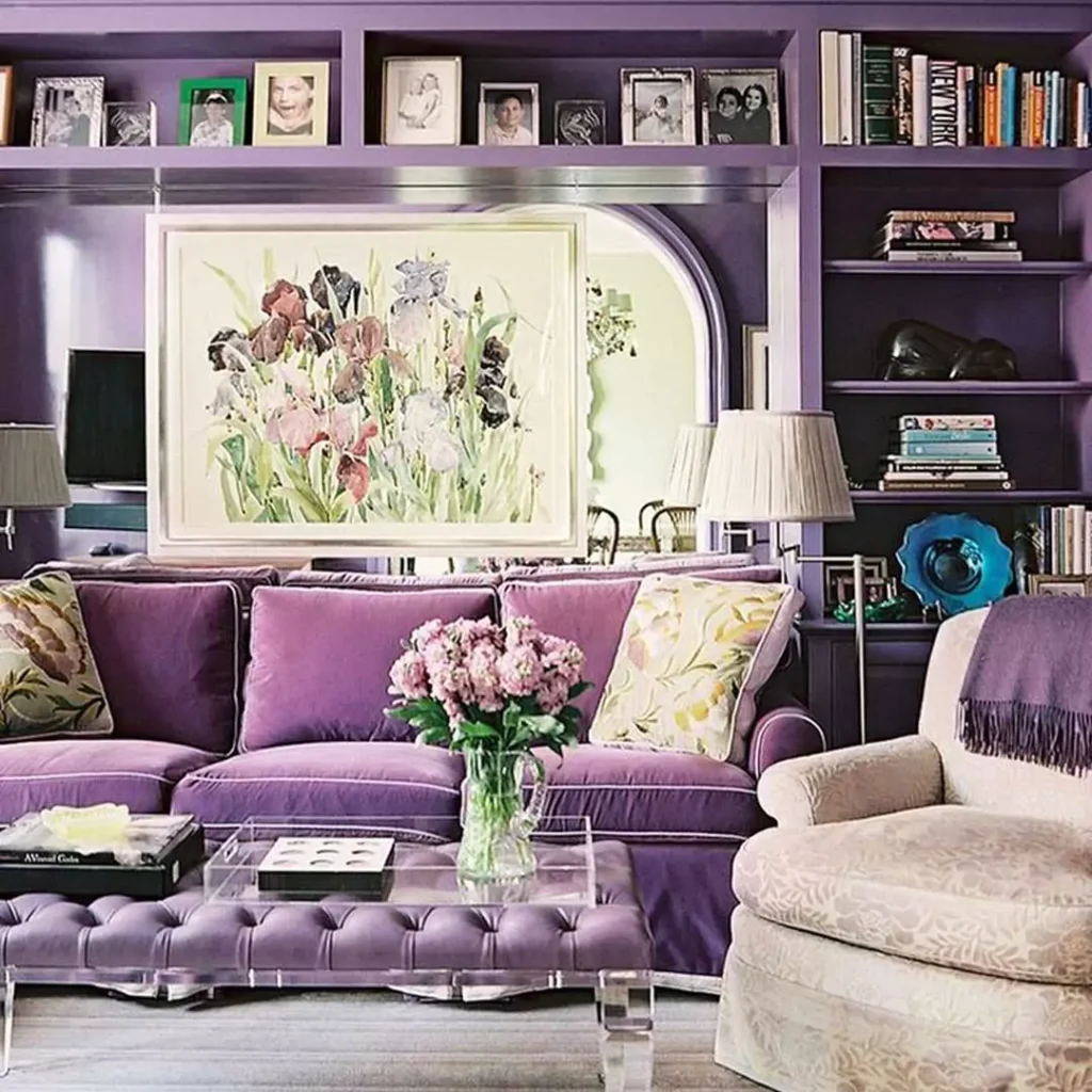 عالی ترین دیزاین اتاق نشیمن با رنگ بنفش