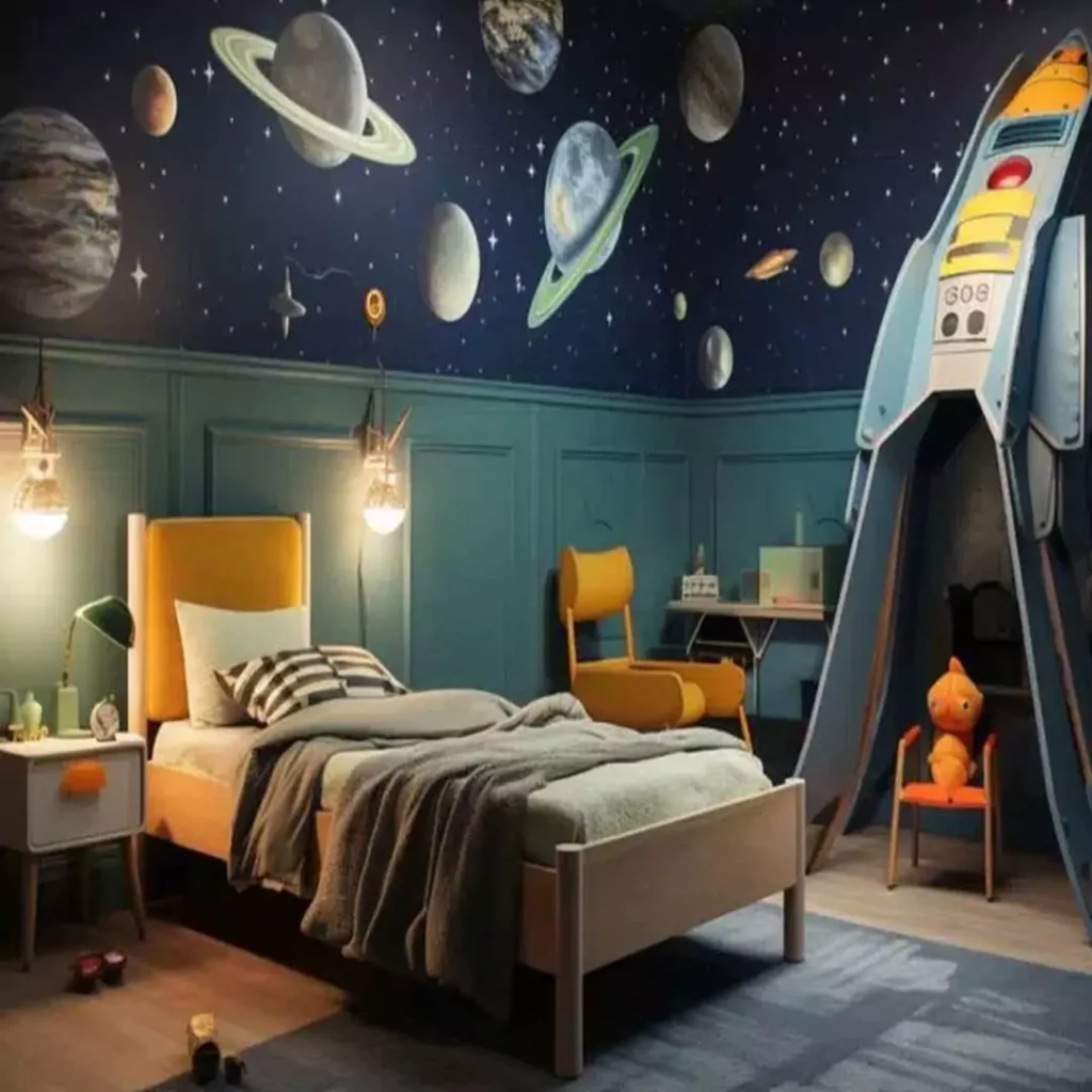 جدید ترین مدل های دیزاین اتاق خواب کودک با تم فضا و کهکشان