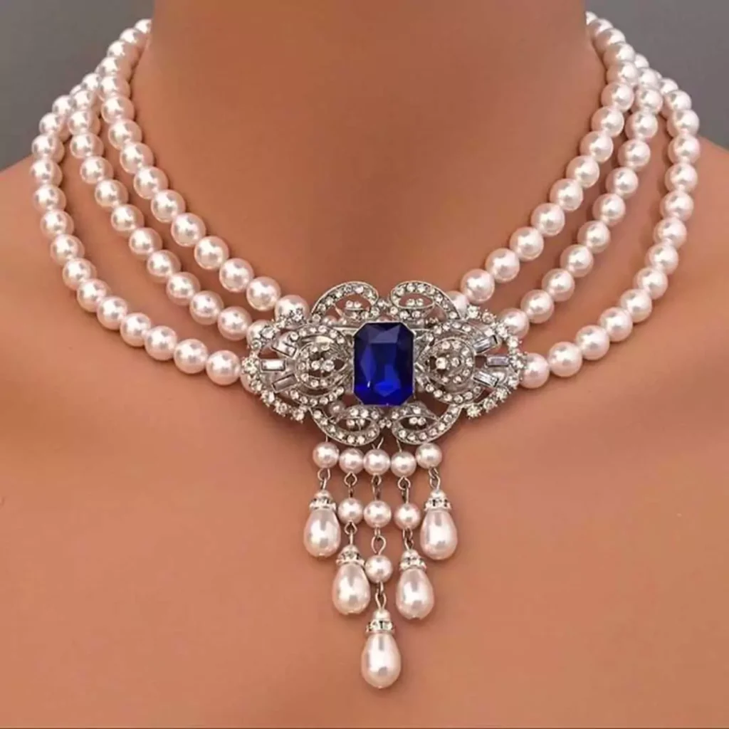 لوکس ترین مدل های گردنبند جواهر عروس با سنگ مروارید سفید

