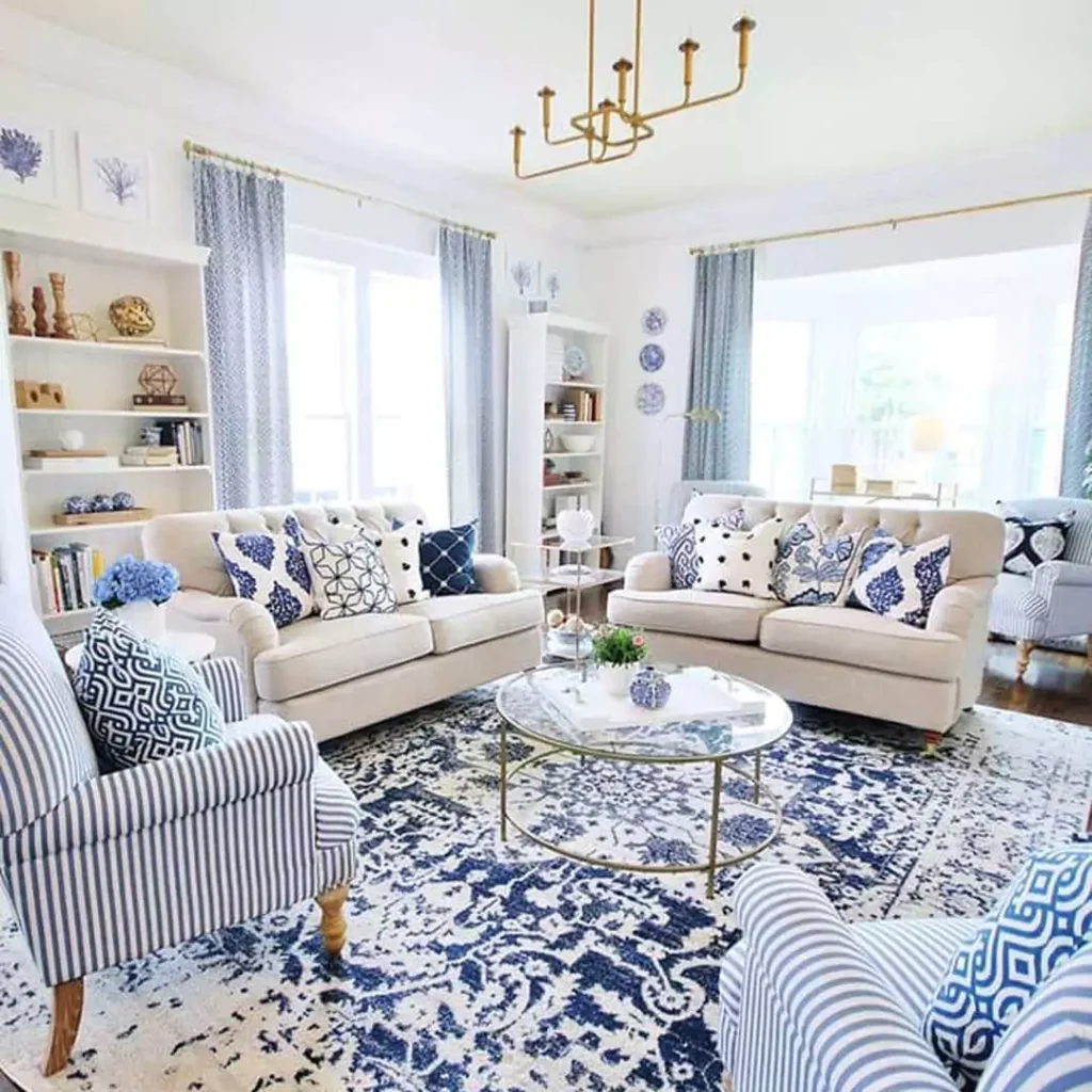 جدیدترین ناب ترین ایده های استفاده از ترکیب رنگ سفید و آبی در دیزاین اتاق نشیمن