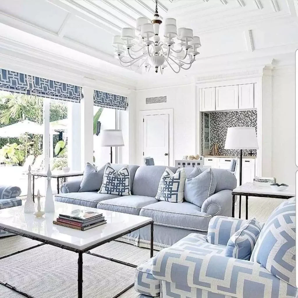 ترندترین ایده های استفاده از ترکیب رنگ سفید و آبی در دیزاین اتاق نشیمن