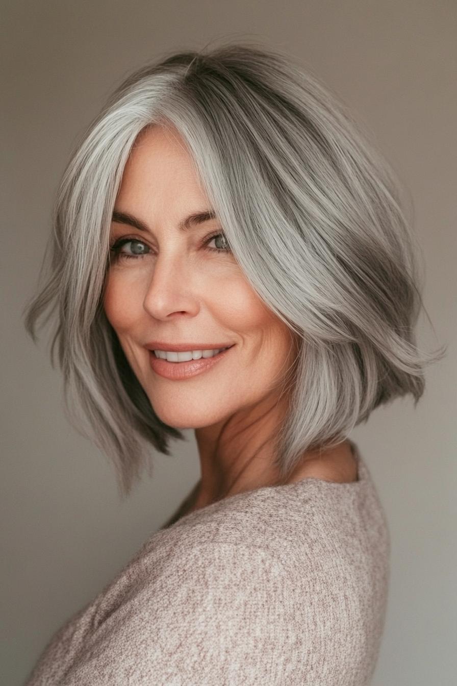 15. مدل باب لایه دار کوتاه خاکستری (مدل باب برای خانم های مسن)