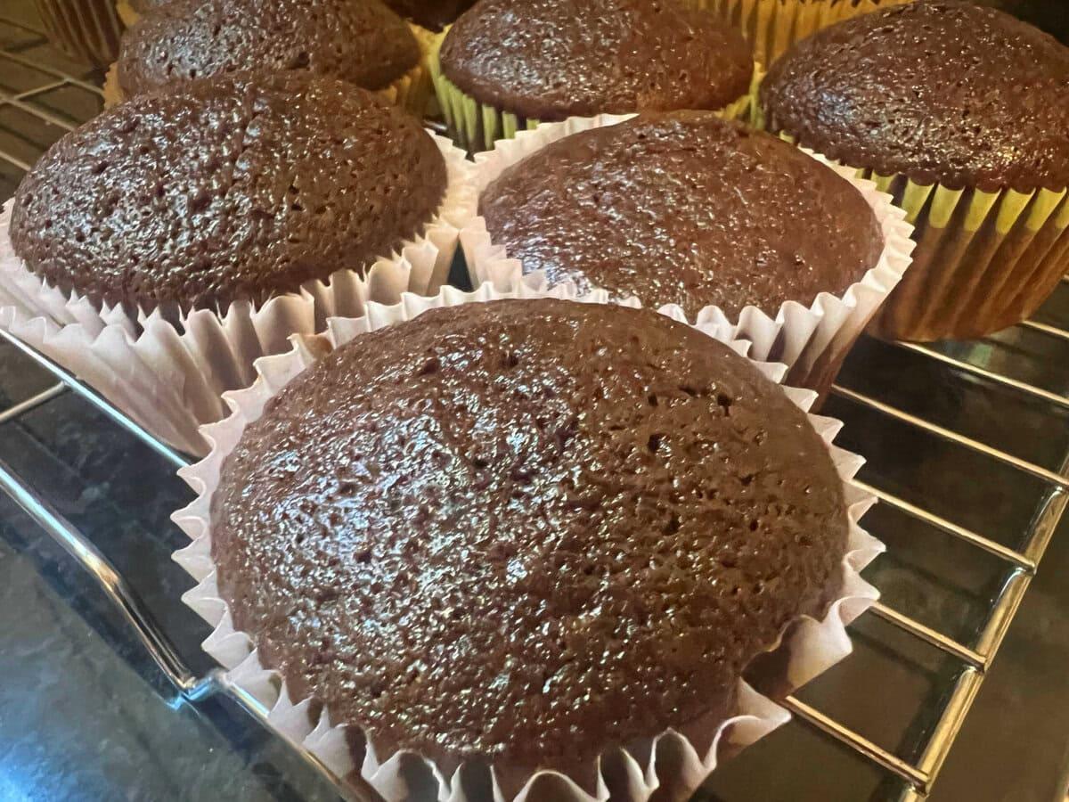 کاپ کیک های تازه پخته شده بدون فراستینگ که روی توری سیمی خنک می شوند. طرز تهیه کاپ کیک براونی